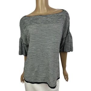 Loft Size L Pullover Knit Top Short Belle Sleeves Black & White Stripe Cotton